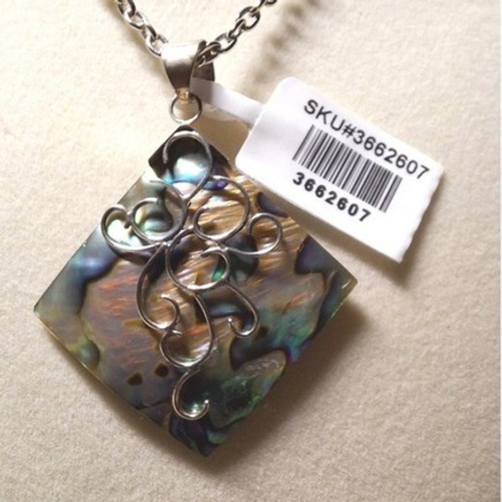 Abalone pendant diamond shaped in sterling silver 30 inch stainless chain